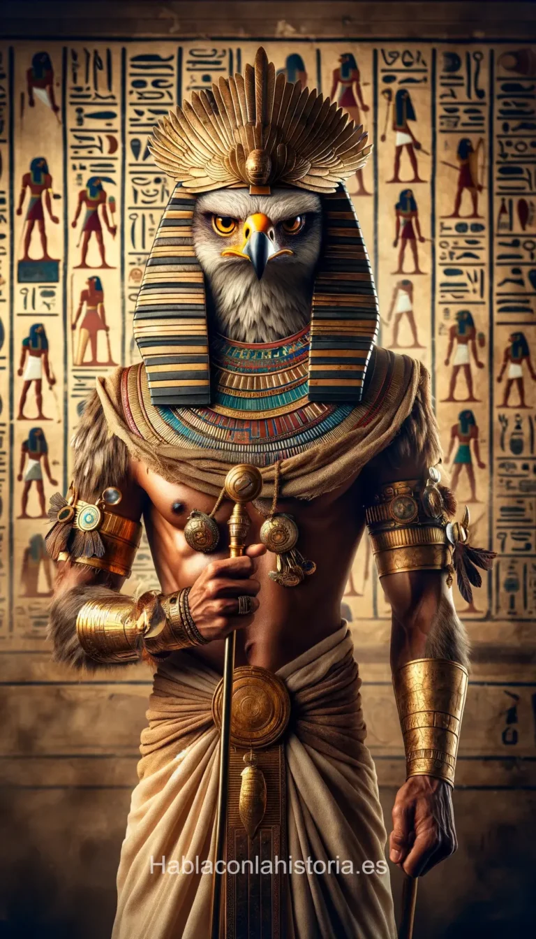 Foto realista de Ra, el dios del sol en la mitología egipcia, generada por IA. Contiene citas célebres, chat de inteligencia artificial y tareas didácticas.