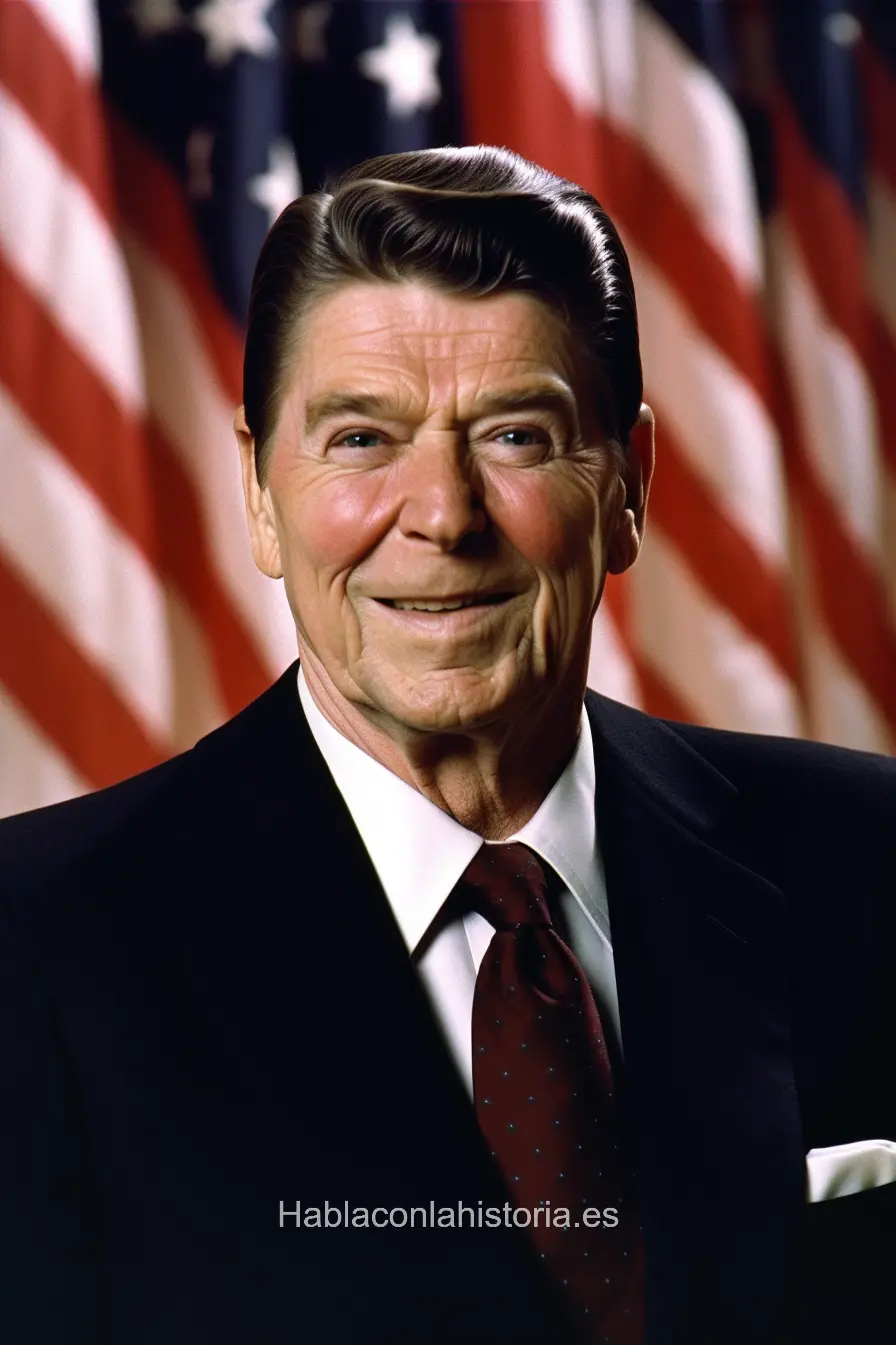 Imagen realista de Ronald Reagan, el 40.º presidente de los Estados Unidos, generada por IA. Contiene citas célebres, interacción de chat IA y actividades de aprendizaje histórico.
