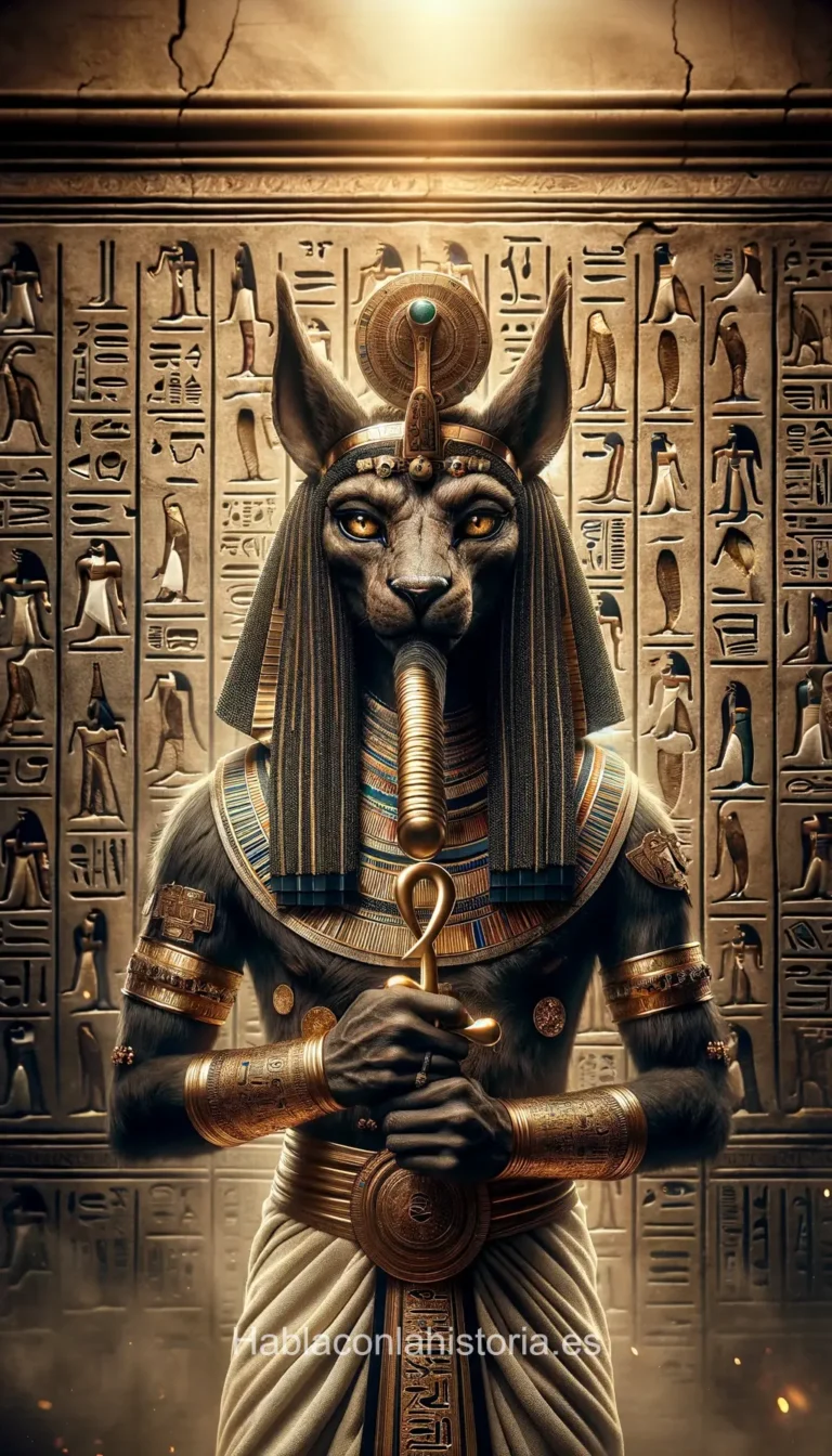 Imagen realista de Seth, el dios del caos y la tormenta en la mitología egipcia, generada por IA. Contiene citas célebres, interacción de chat IA y actividades de aprendizaje histórico.