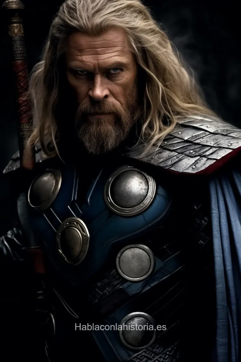 Imagen realista de Thor, el dios del trueno de la mitología nórdica, generada por IA. Contiene citas célebres, interacción de chat IA y actividades de aprendizaje histórico.