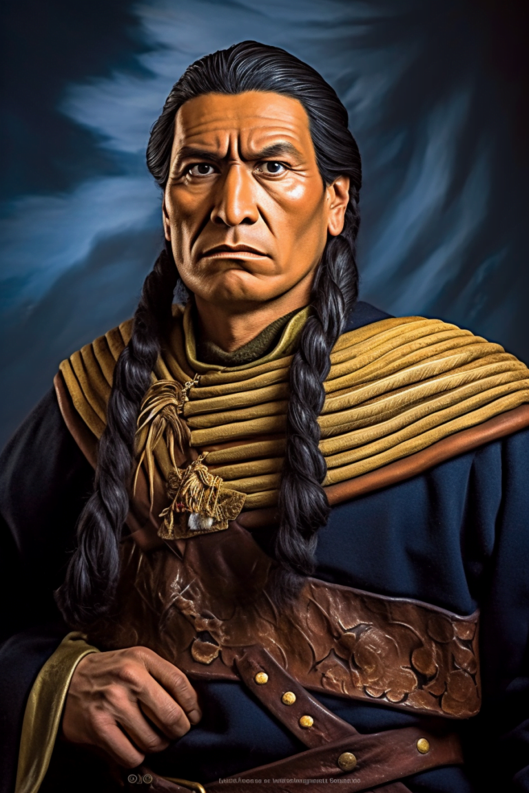 Imagen realista de Túpac Amaru II, líder indígena de la resistencia incaica, generada por IA. Contiene citas célebres, interacción de chat IA y actividades de aprendizaje histórico.