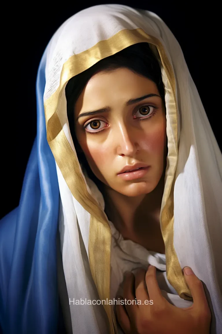 Imagen realista de María de Nazaret, la madre de Jesús en la tradición cristiana, generada por IA. Contiene citas célebres, interacción de chat IA y actividades de aprendizaje histórico.