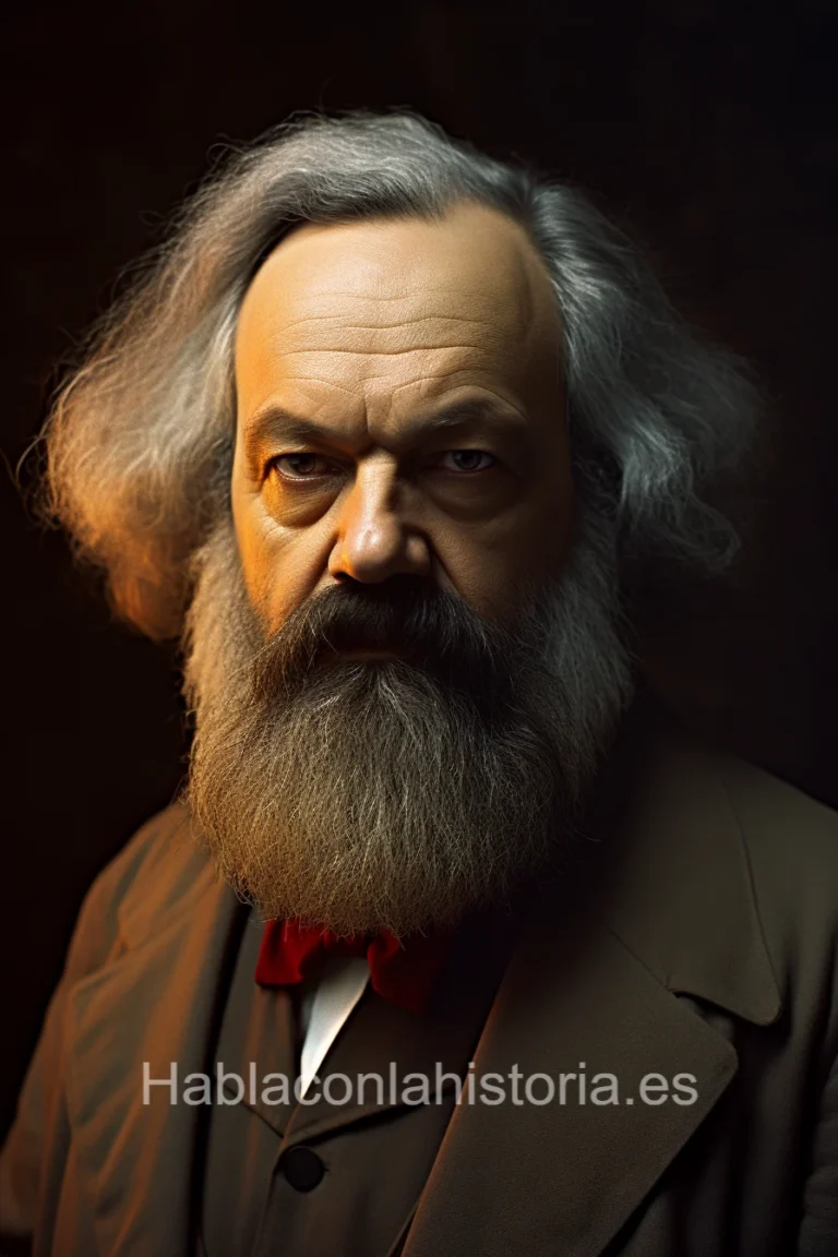 Imagen realista de Karl Marx, filósofo y economista, creada por inteligencia artificial. Contiene citas famosas, diálogos de chat IA y recursos didácticos.
