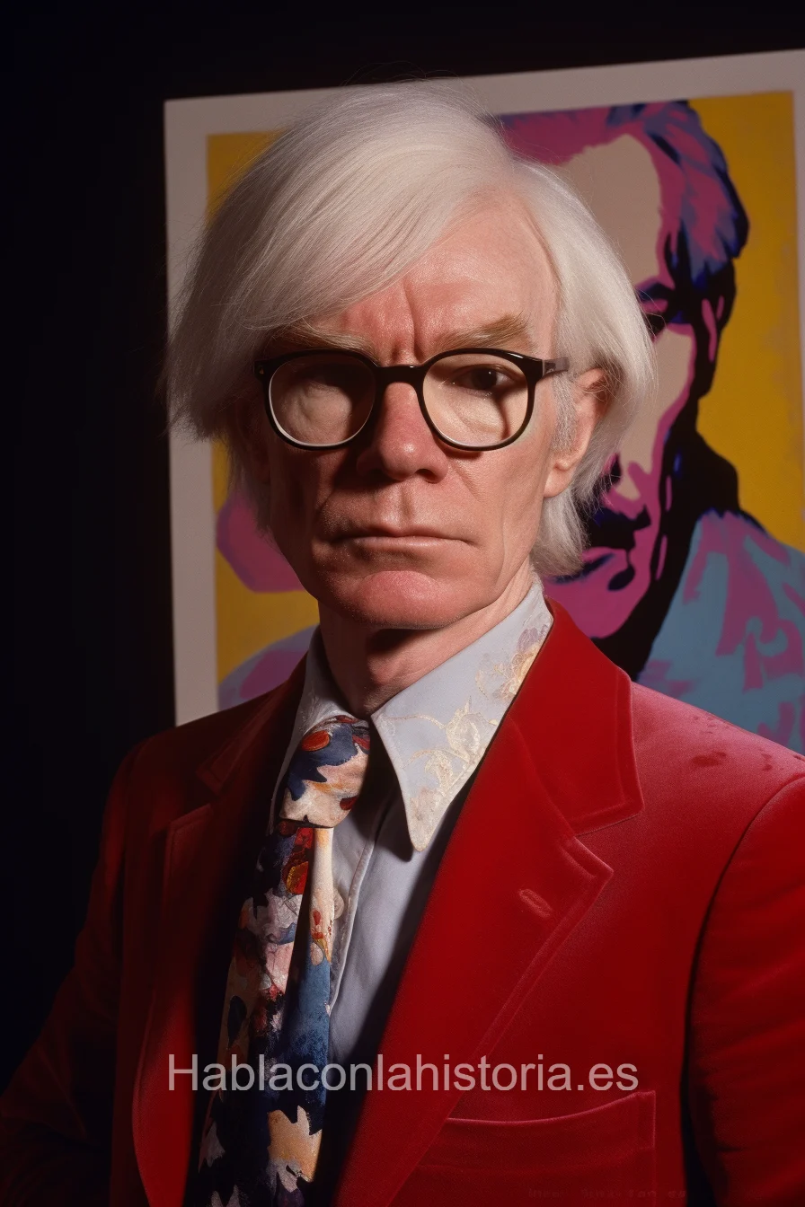 Imagen realista de Andy Warhol, el icónico artista del pop art, generada por IA. Contiene citas célebres, interacción de chat IA y actividades de aprendizaje artístico.