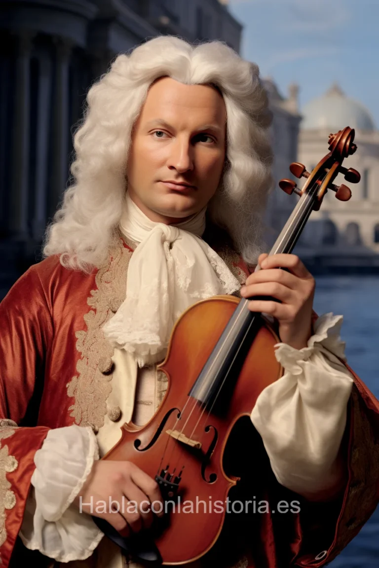 1. Imagen realista de Antonio Vivaldi, el célebre compositor y violinista del Barroco, generada por IA. Contiene citas célebres, interacción de chat IA y actividades de aprendizaje musical.