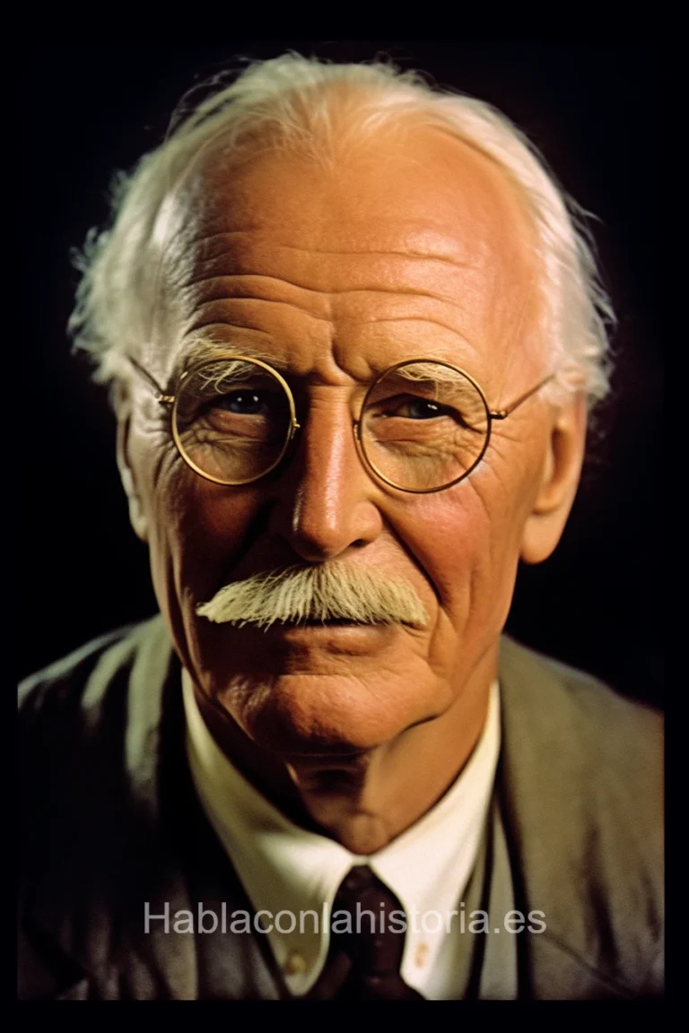 Imagen realista de Carl Jung, el psicólogo y psiquiatra suizo, generada por IA. Contiene citas célebres, interacción de chat IA y actividades de aprendizaje psicológico.
