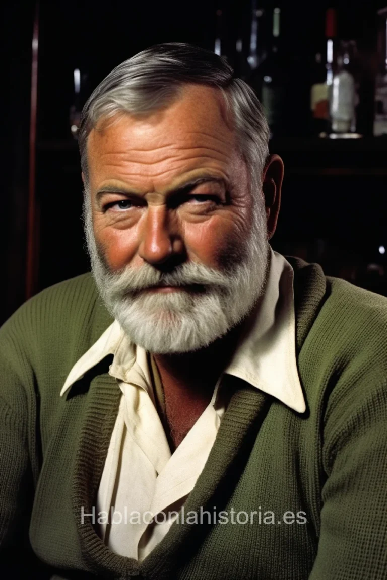 Imagen realista de Ernest Hemingway, el célebre escritor estadounidense conocido por su estilo conciso y sus obras literarias como 'El viejo y el mar', generada por IA. Contiene citas célebres, interacción de chat IA y actividades de aprendizaje literario.