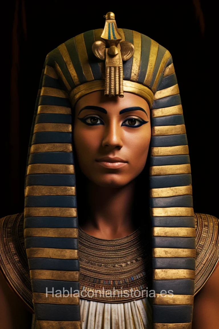 Foto realista de Hatshepsut, una de las faraonas más destacadas de Egipto, generada por IA. Contiene citas célebres, chat de inteligencia artificial y tareas didácticas.