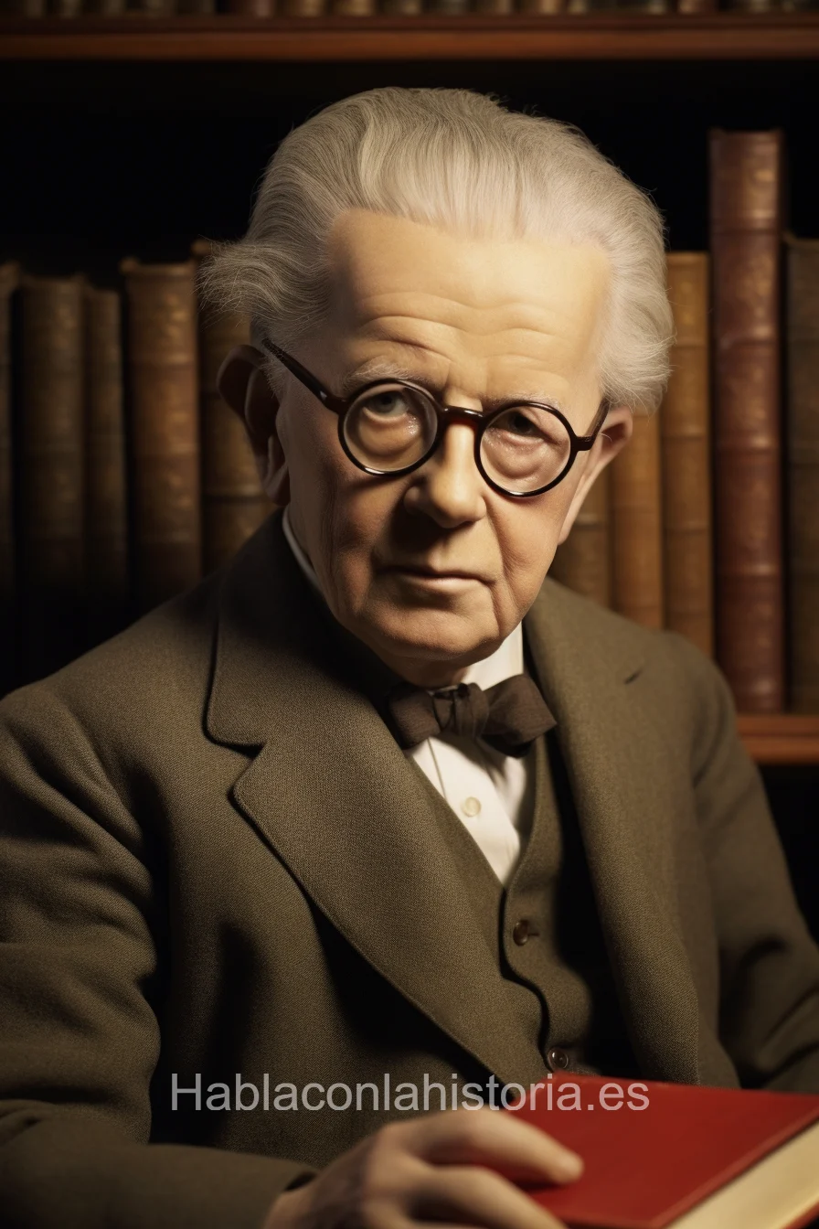 Foto realista de Jean Piaget, el psicólogo suizo conocido por sus estudios sobre el desarrollo cognitivo, generada por IA. Contiene citas célebres, chat de inteligencia artificial y actividades de aprendizaje educativo.