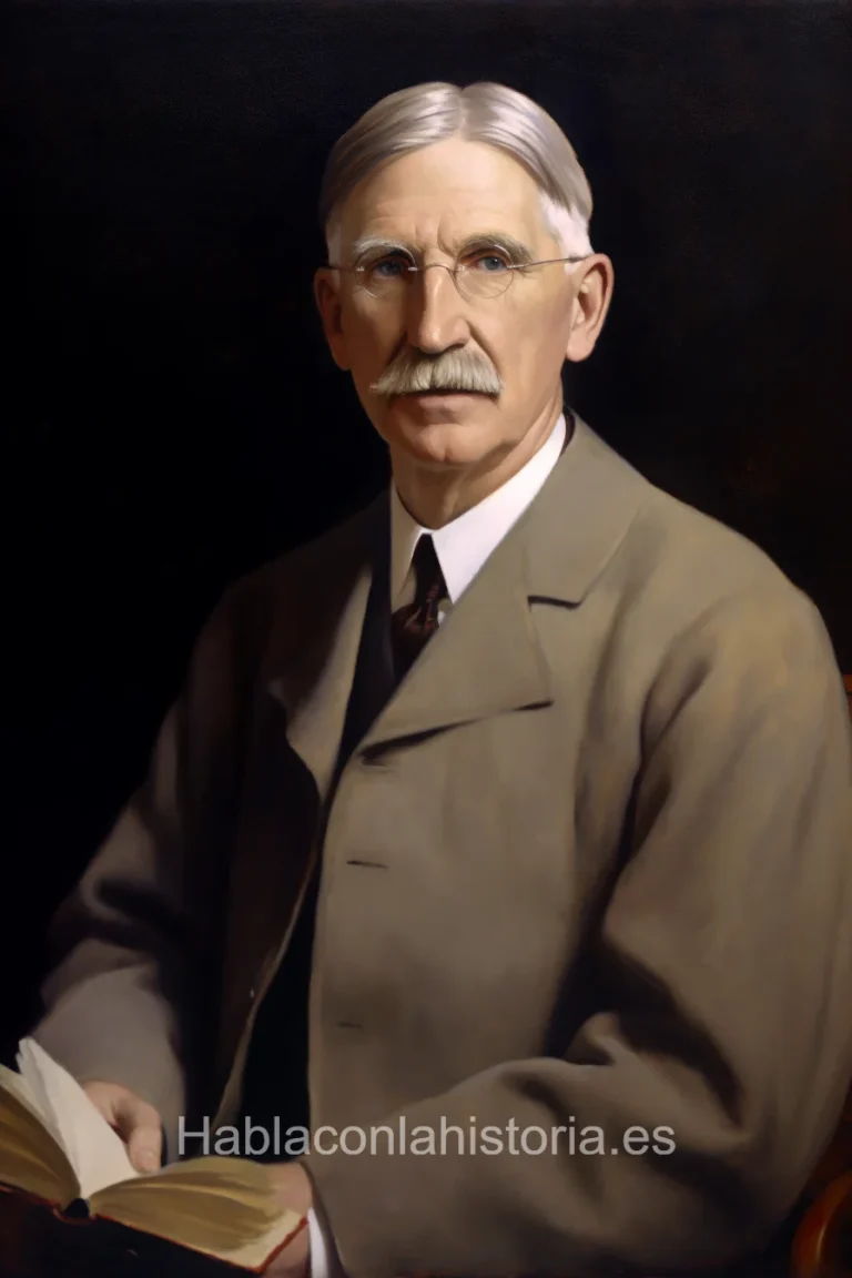 Imagen realista de John Dewey, el influyente filósofo y educador estadounidense, generada por IA. Contiene citas célebres, interacción de chat IA y actividades de aprendizaje educativo.