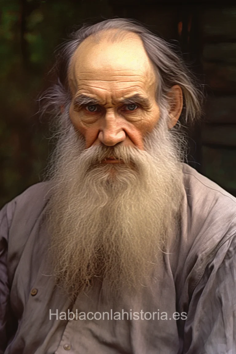 Foto realista de Tolstoi, el famoso novelista ruso conocido por obras como 'Guerra y Paz' y 'Anna Karenina', generada por IA. Contiene citas célebres, chat de inteligencia artificial y tareas didácticas.