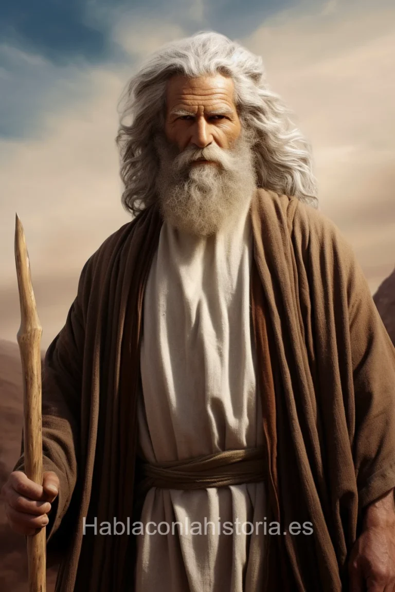 Imagen realista de Moisés, el líder bíblico y profeta hebreo, generada por IA. Contiene citas célebres, interacción de chat IA y actividades de aprendizaje histórico.