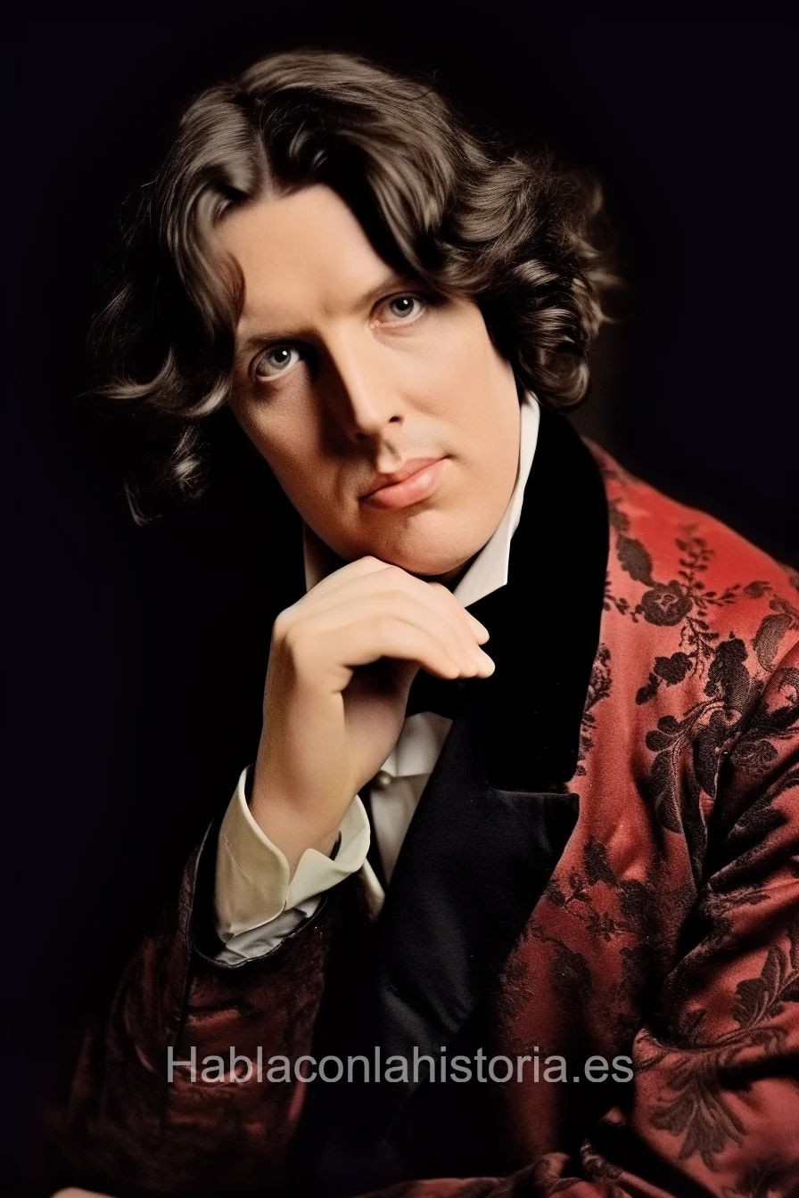 Imagen realista de Oscar Wilde, el célebre escritor irlandés del siglo XIX, generada por IA. Contiene citas célebres, interacción de chat IA y actividades de aprendizaje literario.