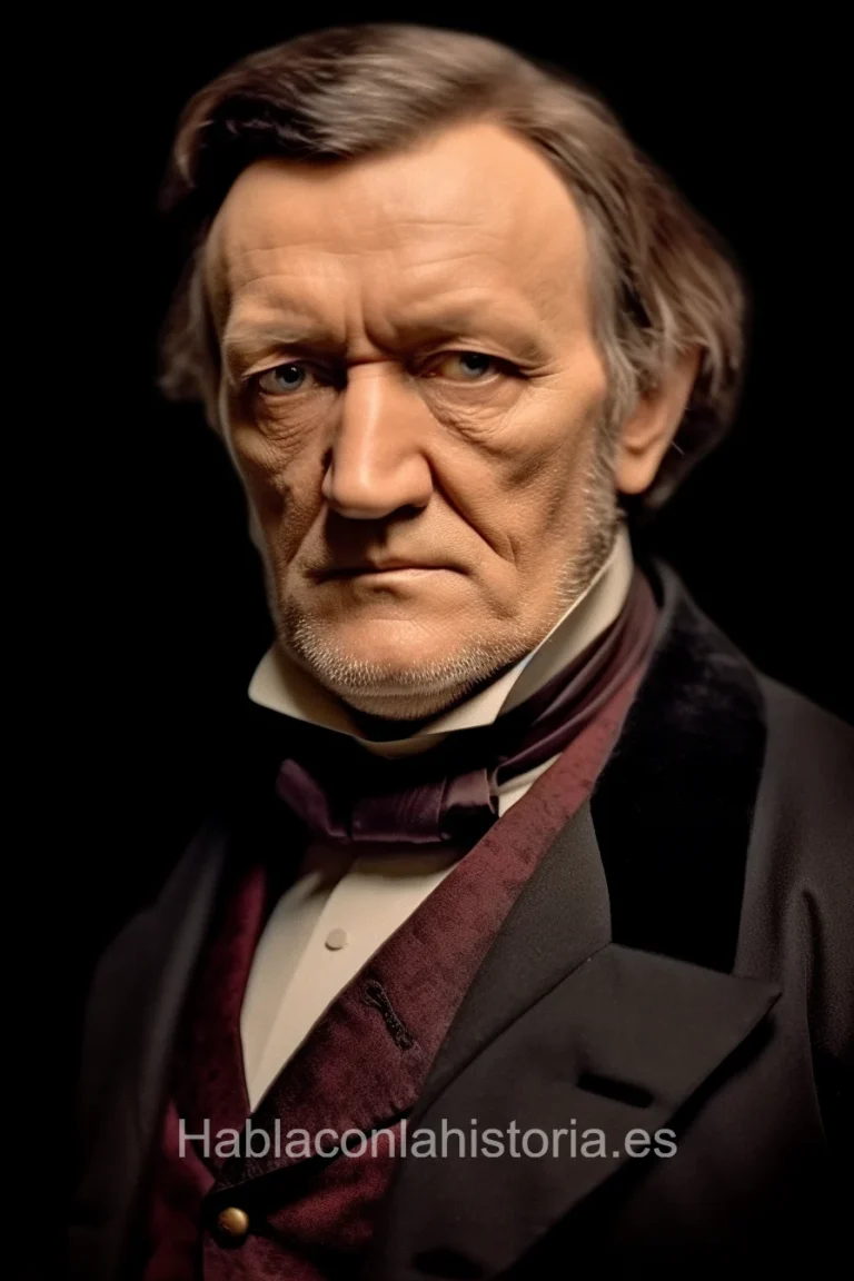 Imagen realista de Richard Wagner, el compositor alemán conocido por sus óperas, generada por IA. Contiene citas célebres, chat de inteligencia artificial y tareas didácticas.