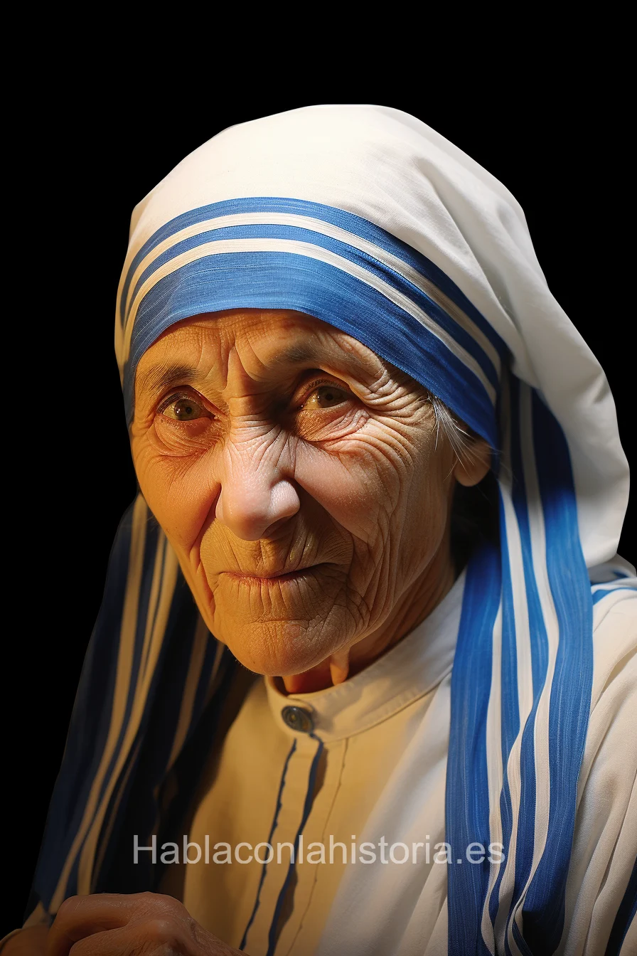 Imagen realista de la Madre Teresa de Calcuta, famosa misionera conocida por su trabajo humanitario, generada por IA. Contiene citas célebres, chat de inteligencia artificial y actividades educativas sobre su vida y legado.