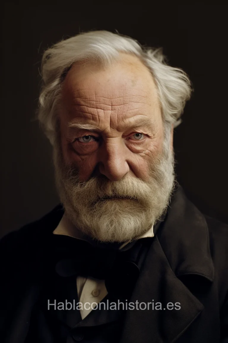 Imagen realista de Victor Hugo, el célebre novelista francés conocido por obras como 'Los Miserables' y 'Nuestra Señora de París', generada por IA. Contiene citas célebres, chat de inteligencia artificial y tareas didácticas.