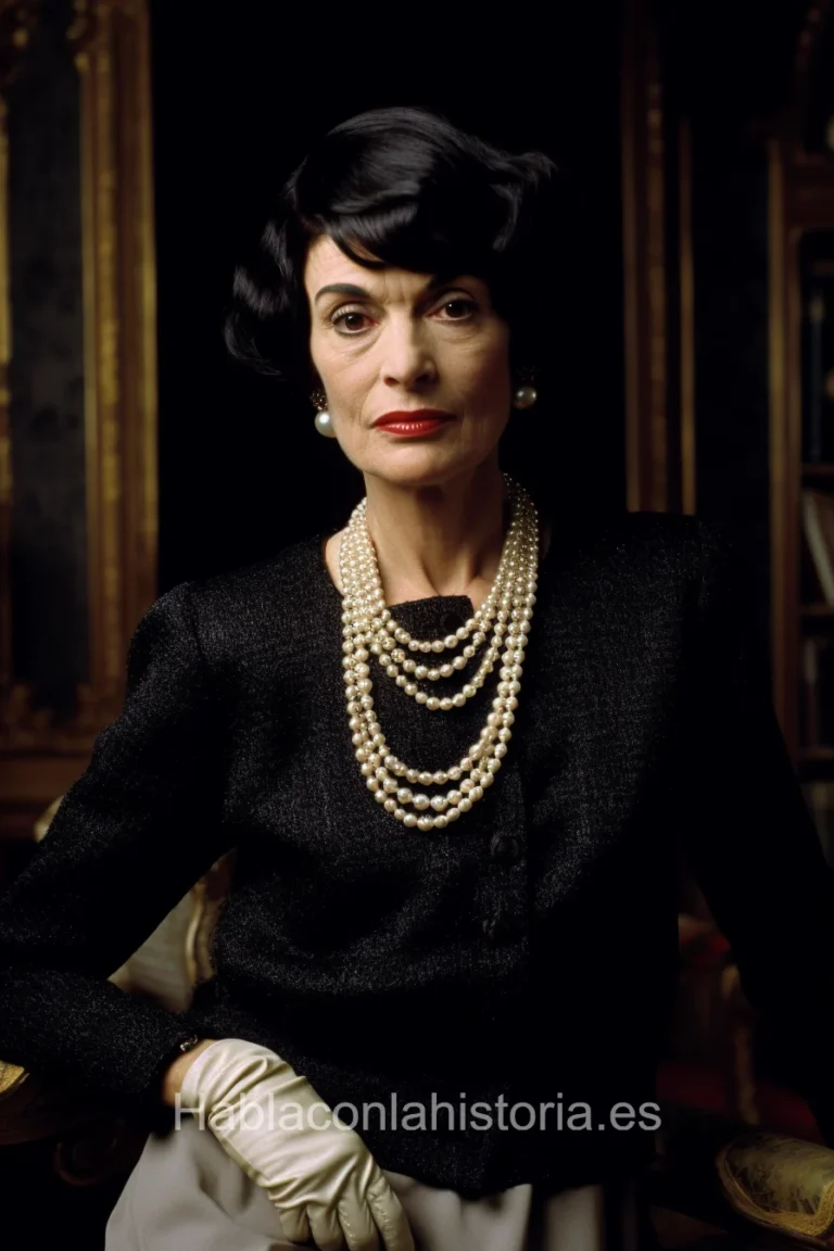 Foto realista de Coco Chanel, la icónica diseñadora de moda francesa, generada por IA. Contiene citas célebres, chat de inteligencia artificial y tareas didácticas.