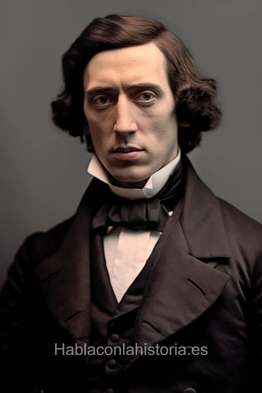 Imagen realista de Frédéric Chopin, el célebre compositor y pianista polaco, generada por IA. Contiene citas célebres, interacción de chat IA y actividades de aprendizaje musical.