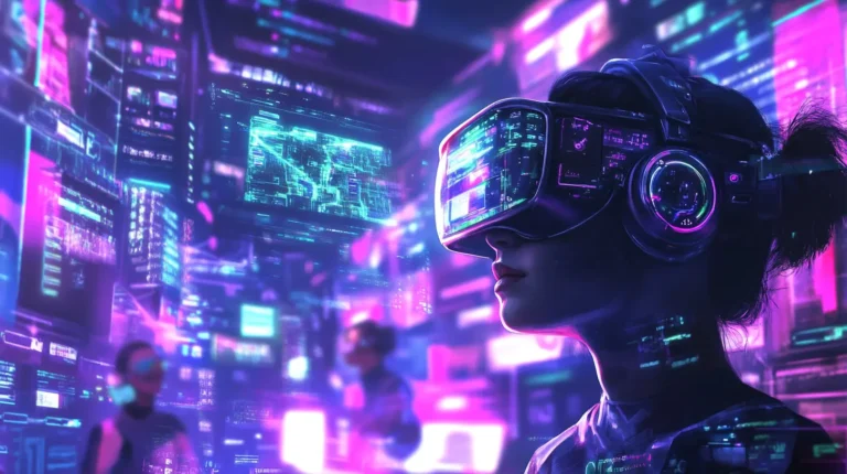 a utilizando gafas de realidad virtual inmersa en un entorno digital futurista con múltiples pantallas y datos holográficos