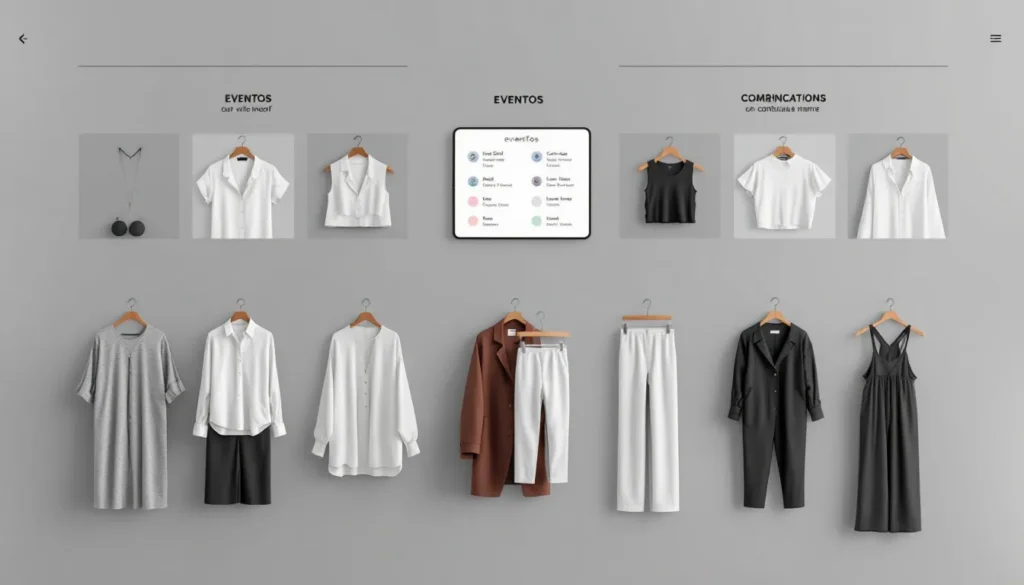 Imagen de un armario digital con fotos de diferentes prendas, y una tablet mostrando sugerencias de combinaciones de ropa para distintos eventos.