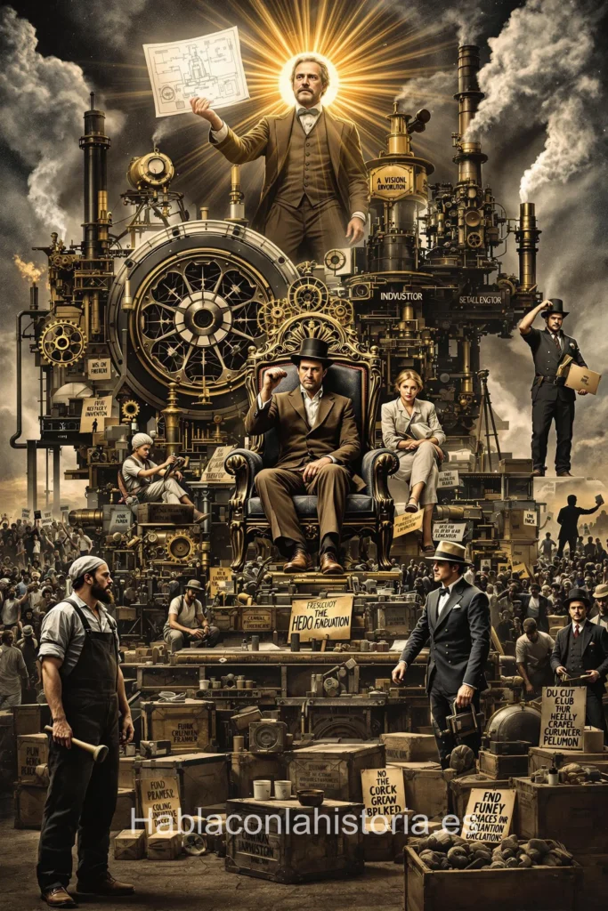 Imagen realista de la Revolución Industrial, representada por IA. Contiene avances tecnológicos, interacciones de chat IA y actividades de aprendizaje histórico.