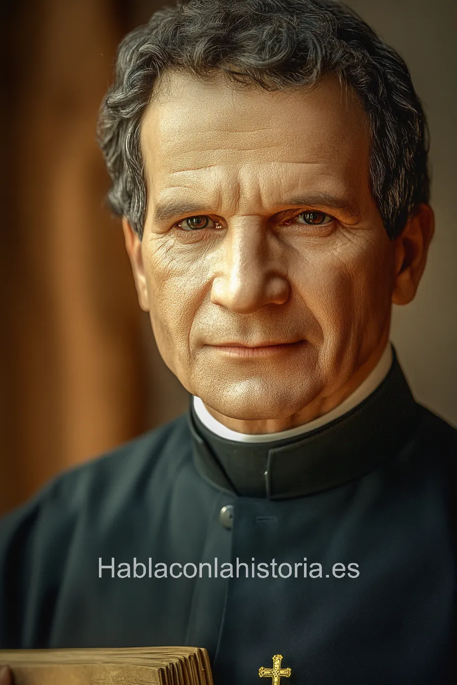 Imagen realista de Don Bosco, el sacerdote y educador italiano, generada por IA. Contiene citas célebres, interacción de chat IA y actividades de aprendizaje histórico.